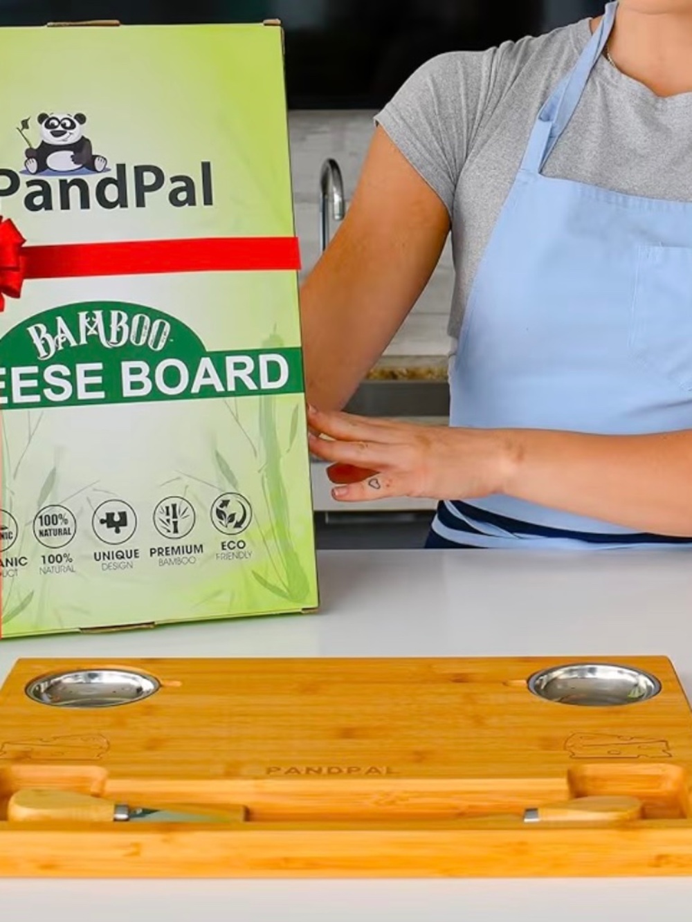 Bamboo Cheese Board with Knives & Bowls - Extra Large Wooden Cutting Board